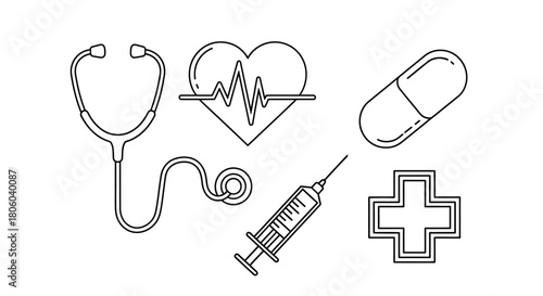 A minimalist collection of essential medical and healthcare line icons, including a stethoscope, heartbeat, pill, and syringe