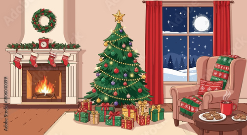 Cozy Christmas Living Room Interior with Fireplace, Decorated Tree, and Snowy Night View