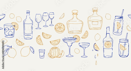 Hand drawn sketch seamless pattern border of cocktails, spirits, bottles, and citrus fruit