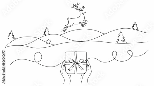 One-Line Reindeer Leaping Over Hills with Hands Holding Gift – Minimalist Christmas Artwork