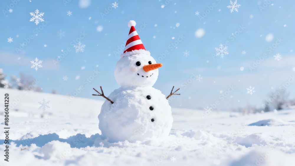 Fototapeta premium A cheerful snowman wearing a red and white striped hat stands in a snowy landscape under a bright blue sky with falling snowflakes.