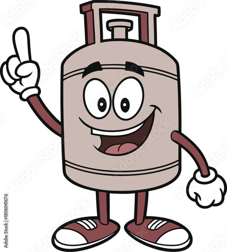 Cheerful propane tank cartoon character excitedly raises his finger, standing on shoes with a transparent background