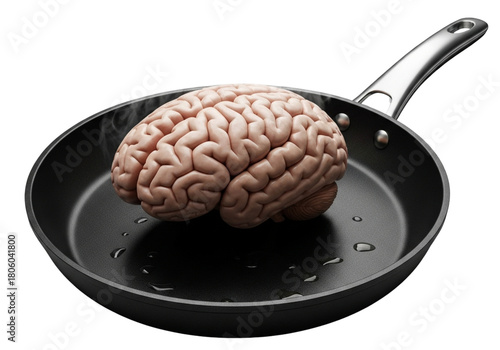 Human brain in a frying pan with oil on black background
