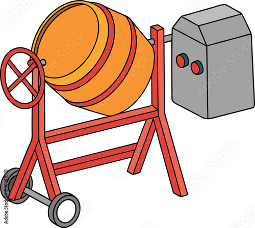 Orange cement mixer cartoon stands on red frame with wheels against white backdrop