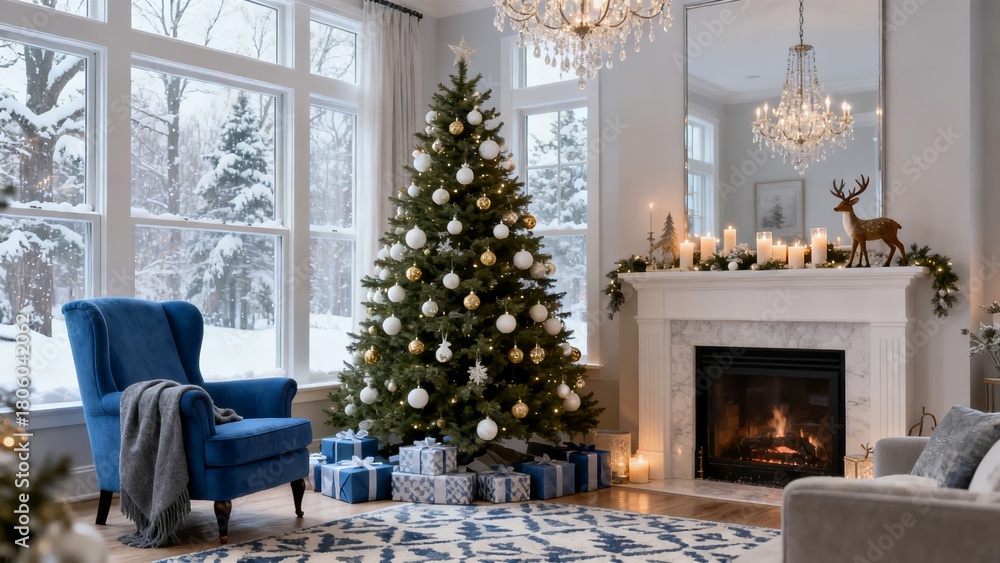 Fototapeta premium A cozy living room decorated for Christmas with a lit tree fireplace and festive ornaments set against a snowy outdoor backdrop.