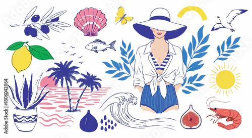 Mediterranean summer vacation illustration set with woman, palm trees, lemon, and tropical beach elements