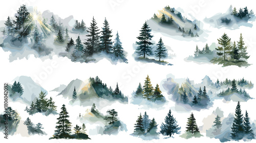 Serene watercolor landscape illustration of misty mountains and evergreen pine trees with soft fog and natural forest scenery on a clean white background.