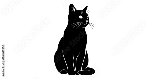 A sleek black cat, isolated on white background, sits gracefully, its silhouette defined by sharp lines and smooth curves, embodying elegance and mystery, with piercing eyes and poised demeanor