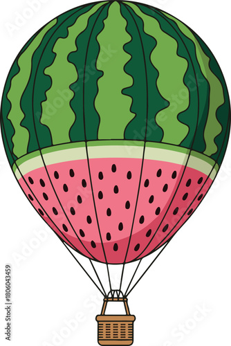 Whimsical hot air balloon illustration shaped like a ripe watermelon