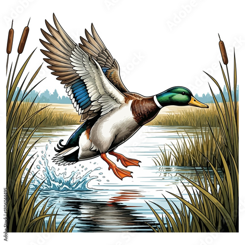 Mallard duck hunting taking off from a calm pond or lake with tall cattails and water splash
