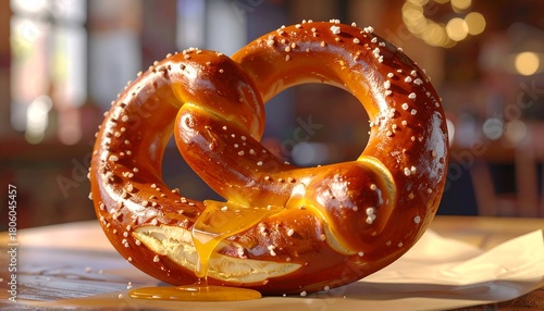 Large, appetizing pretzel with salt crystals, melting cheese, on parchment paper