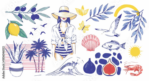 Hand Drawn Mediterranean Summer Graphic Elements Set Isolated on White Background