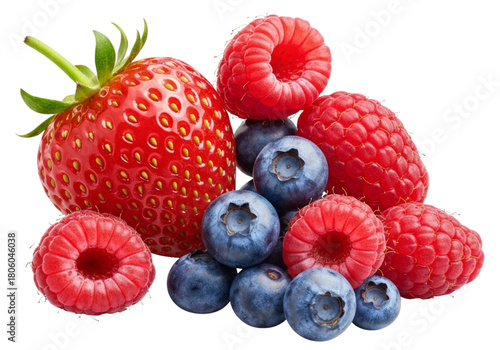 Fresh assortment of ripe strawberries raspberries and blueberries