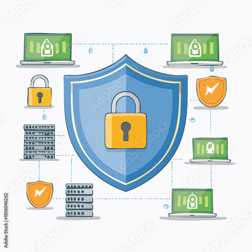 Flat lay illustration of a blue shield with a padlock surrounded by connected laptops, servers, and security icons on a white background.