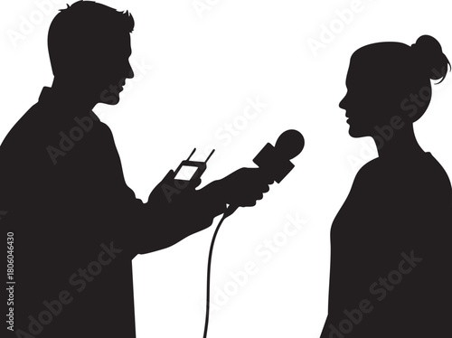 Dynamic silhouette illustration capturing a professional interview scenario between a male reporter holding a microphone and a female interviewee, representing communication, media engagement, and pub