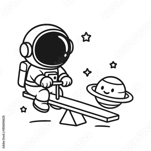 Cute astronaut playing on a seesaw with a happy planet in space