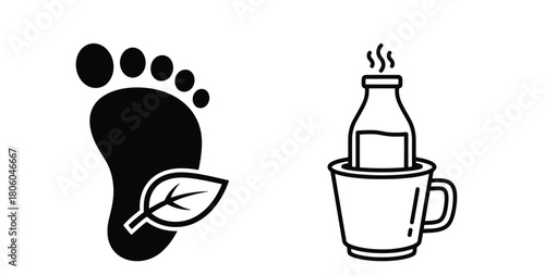 Green lifestyle and morning routine symbols: footprint, leaf, hot beverage icon set.