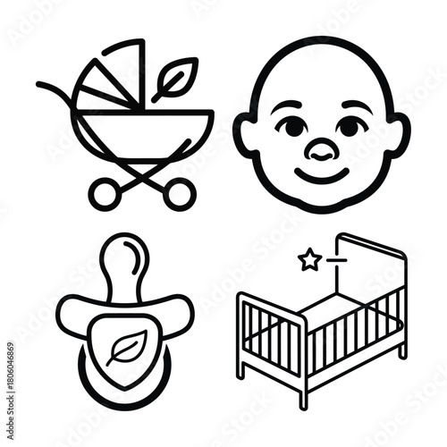 Baby care linear icons set: stroller, face, pacifier, crib with natural leaf details.