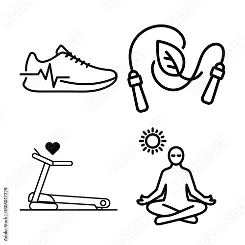 Health, fitness and wellness icons collection: running, jumping rope, treadmill, and meditation.