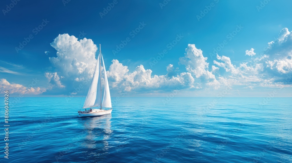 Obraz premium A sailboat glides smoothly across serene blue waters, surrounded by vibrant skies and fluffy white clouds. The sun is shining, creating a peaceful atmosphere perfect for sailing.