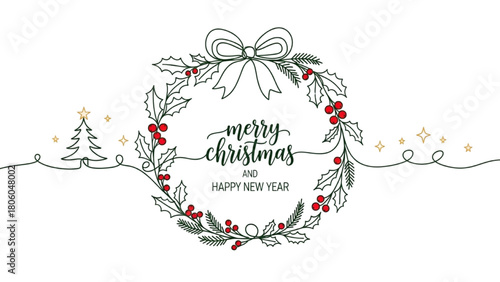 Continuous Line Wreath with Bow, Holly, Tree and Stars – Minimalist Merry Christmas and Happy New Year Design