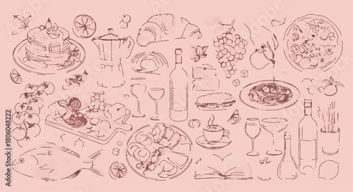Hand drawn sketch collection of gourmet food and drink line art on pink background for menu design