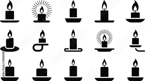 Black candle icons collection, burning flame silhouettes, minimalist wax candle symbols, spiritual light elements, decorative vector candle set for graphic design