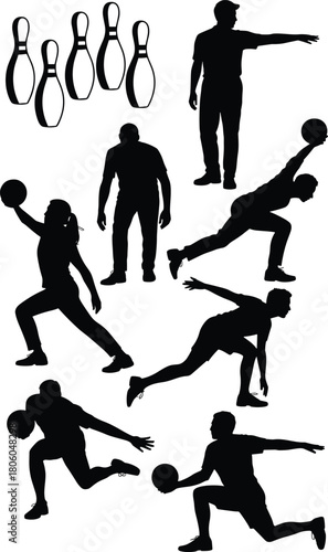 Bowling player silhouettes set, active men and women sport collection, black pins, throwing ball pose, recreational game isolated vector illustration