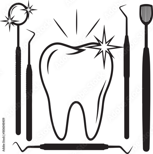 Dental instruments and sparkling tooth illustration
