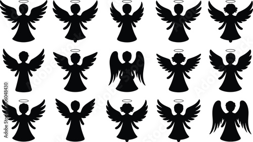 Collection of angel silhouettes with wings and halos, spiritual celestial figures, holy divine icons perfect for Christmas artwork, religious design, faith themes