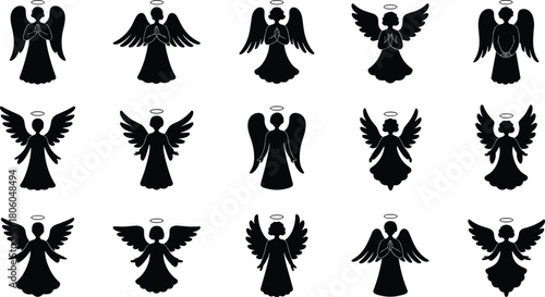 Collection of angel silhouettes, praying figures, celestial icons, spiritual winged designs, holy religious symbols perfect for Christmas decoration, artwork, worship themes