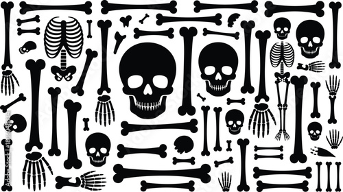 Human skeleton bones, skulls, rib cages, femurs, tibias, anatomical silhouettes, medical illustration, Halloween design, anatomy art, bone structure elements
