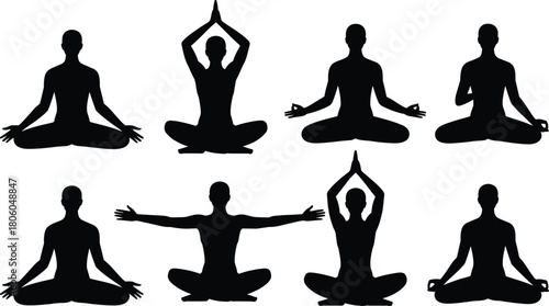 Meditation silhouette poses, yoga sitting positions, mindfulness exercise illustration, peaceful human figures, relaxing body postures, spiritual practice artwork, calm wellness design