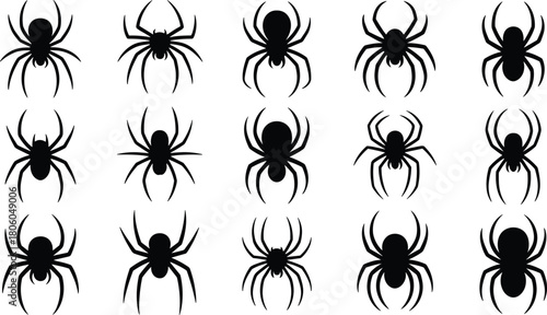 Spider Silhouettes Set, Halloween Arachnid Icons, Black Scary Bugs Vector Collection, Creepy Nature Insect Figures, Venomous Creatures