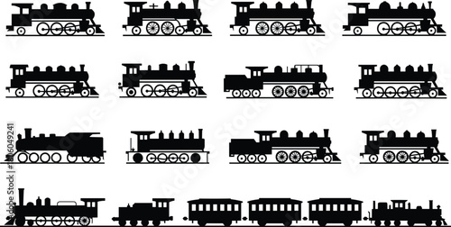 Vintage steam locomotive silhouettes collection, classic railway engine illustrations, retro train designs, historic transportation icons for vector artwork and creative graphic projects