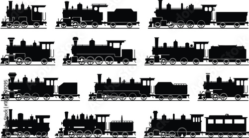 Vintage steam train silhouette collection, classic locomotive illustrations, retro railway transportation designs, detailed old train engines for vector artwork and decoration