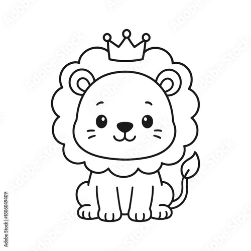 Cute lion cub wearing a crown, outlined for coloring