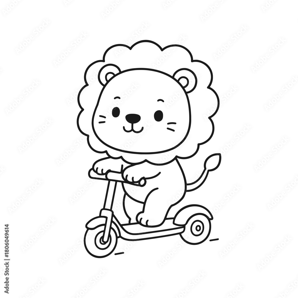 Fototapeta premium Cute lion cartoon riding a scooter, fun illustration for kids