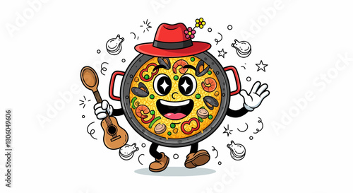 Cartoon Paella Character with Hat and Guitar Illustration.