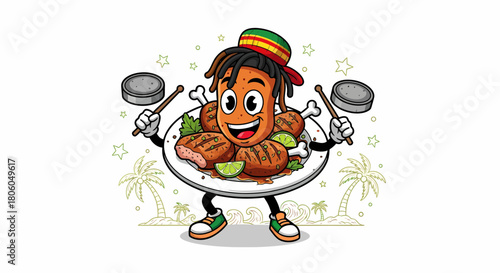 Cartoon Chef Character Serving Delicious Grilled Chicken Meal.