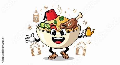 Cartoon Couscous Bowl Character with Fez and Lamb Shank.