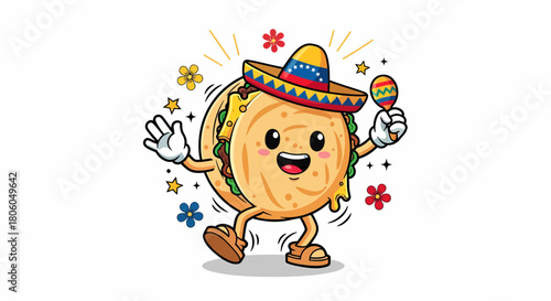 Cartoon Taco Character with Sombrero and Maraca Celebrating Fiesta.