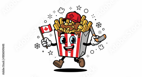 Cartoon Poutine Character Holding Canadian Flag and Hockey Stick.