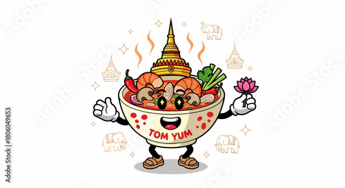 Cartoon Tom Yum Soup Bowl Character with Temple Hat and Lotus.