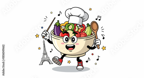 Cartoon Vegetable Bowl Chef Conducting a Musical Symphony.