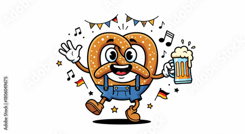 Cartoon Pretzel Character Celebrating Oktoberfest with Beer.