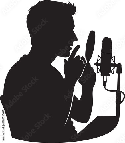 Silhouette of a Man Recording Audio in a Studio Voice Acting, Broadcasting, and Audio Production Concept