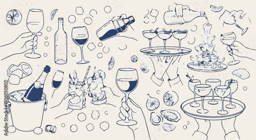 Hand drawn cocktails and drinks line art sketch background for bar or party menu.