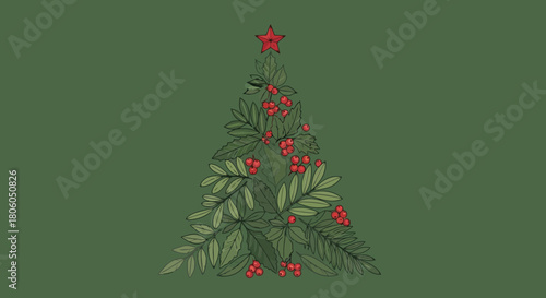 Christmas Tree Illustration on Green Background Festive Holiday Design for Seasonal Celebrations