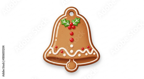 Gingerbread bell cookie decorated with icing isolated on